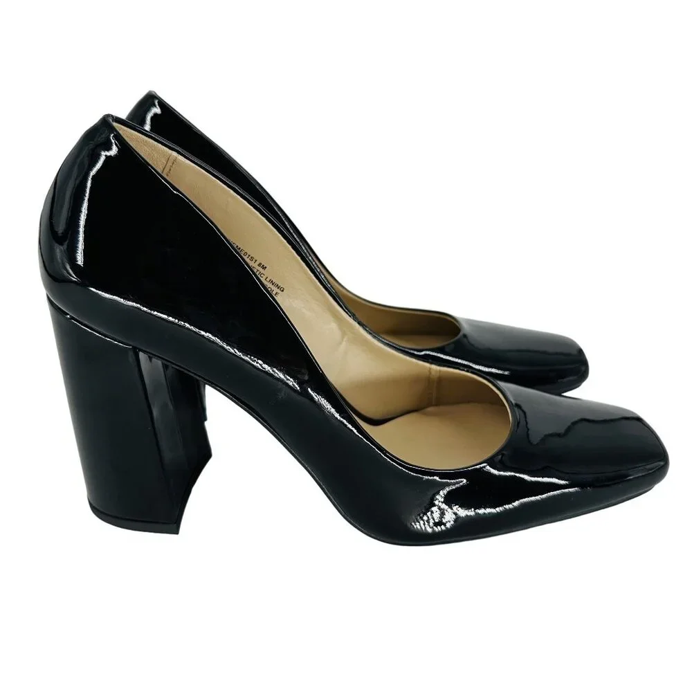 Steve Madden Black Patent Synthetic Leather Square Toe Chunky Block Heel Shoe 8M - Picture 2 of 7